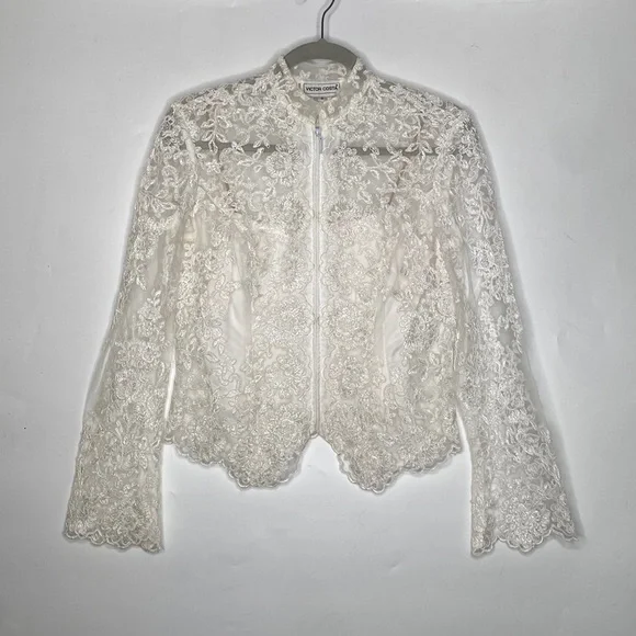 Victor Costa Women's Vintage White Lace Zip-Up Jacket/Tank Top Set size 6 - Picture 2 of 15